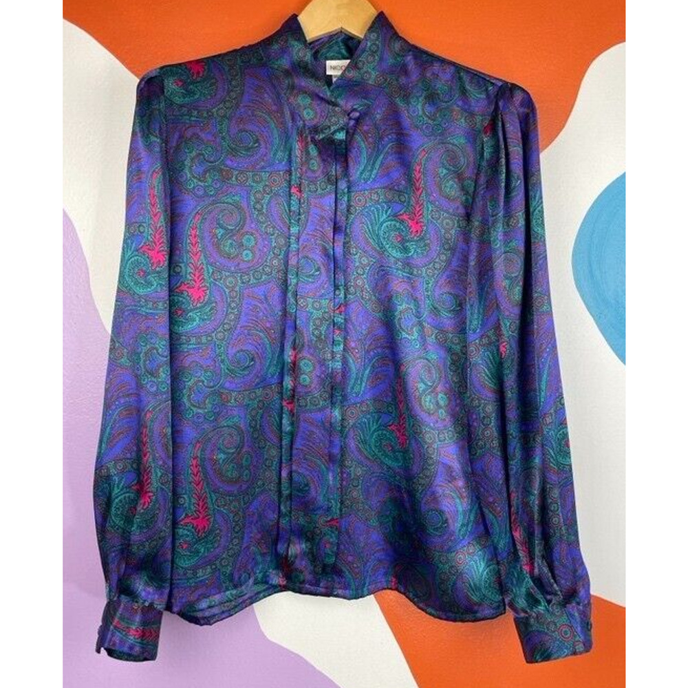 Vintage 80s Nicola Button Up Top Blouse Womens Size 10 Purple Paisley Print